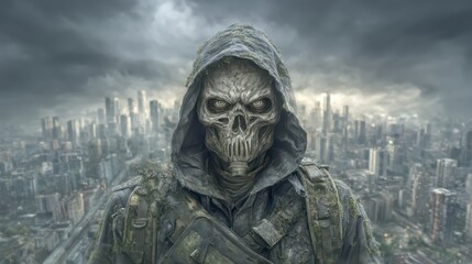 Obraz premium Dark and Mysterious Figure in Hooded Cloak Stands Against Cityscape Background with Overcast Skies