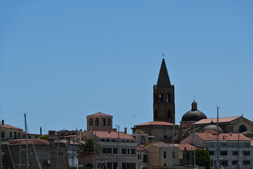 Cityscape of historical part of Alghero town. Alghero old town, Sardinia, Italy