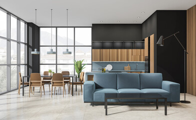 Open plan interior design with modern kitchen, dining area, and blue sofa in a spacious room with large windows and mountain view. 3D Rendering