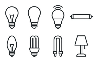 Set of eight light bulb and lamp icon illustrations on gradient background