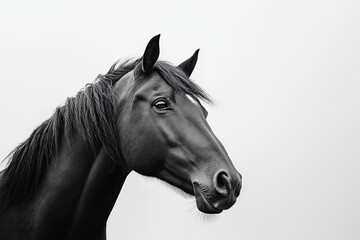 A black horse with a glossy coat, captured in a dramatic close-up against a white background