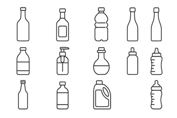 Bottle and container icon set. Thin line vector icons for packaging, drinks and products. Water, wine, soap dispenser, baby bottle. Minimalist linear symbol collection.