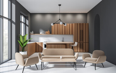 Contemporary interior with beige lounge chairs and sofa, wooden kitchen cabinets, white tile floor, large windows, and stylish lighting. 3D Rendering