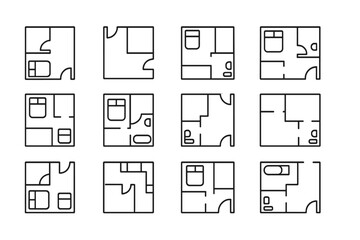 Floor plan icon set. Architecture and interior design thin line icons. House plan, furniture, blueprint symbols for web and app. Editable stroke vector illustration collection.