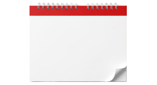 Isolated calendar page with red trim, on spiral binding, shows curled corner for design