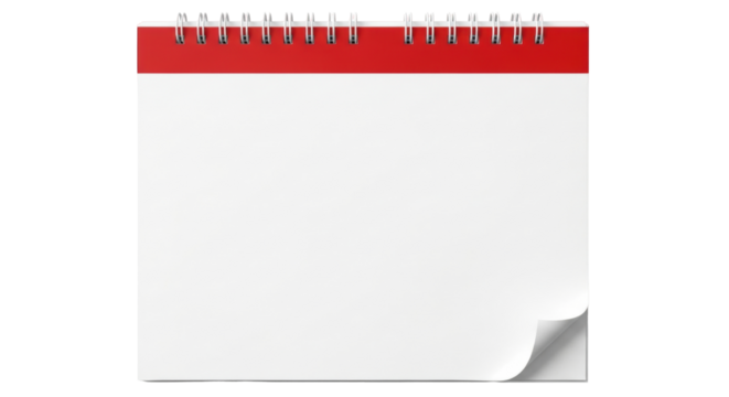 Isolated calendar page with red trim, on spiral binding, shows curled corner for design