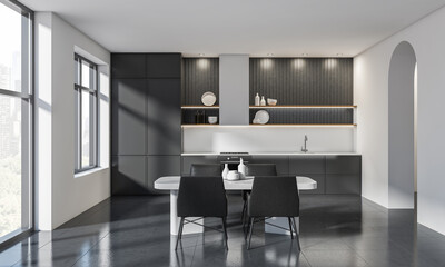 Contemporary kitchen interior design with dark furniture and white surfaces, modern style, bright indoor setting, concept of luxury home. 3D Rendering
