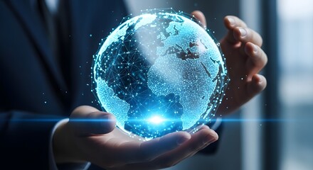 Close up of a person s hands holding a glowing blue holographic digital globe with data streams and light flares