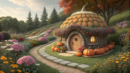 Halloween pumpkin hut in the midst of flower garden
