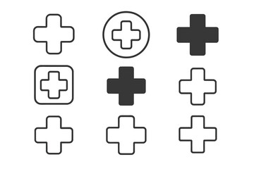 Obraz premium Medical cross icon set. Hospital plus symbol collection. First aid, health, emergency and pharmacy sign. Vector illustration for web, apps. Editable stroke line icons.