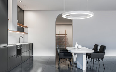 Sleek modern kitchen and dining room interior design with minimalist furniture, curved light fixture, and arched doorway on a clean white background. 3D Rendering
