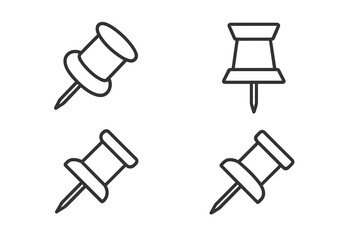 Pushpin thin line icon set. Thumbtack and drawing pin vector collection. Office stationery supply symbol. Editable stroke. Map location, reminder, notice tack illustration.