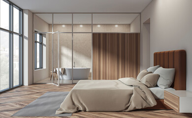 Cozy bedroom interior with large windows, freestanding bathtub behind glass partition, wooden textures throughout and neutral tones. 3D Rendering