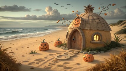 Halloween pumpkin hut in the midst of beach