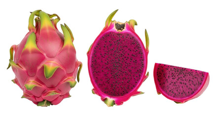 Isolated Dragon fruit still life, whole, cross-section, slice, colorful tropical fruit