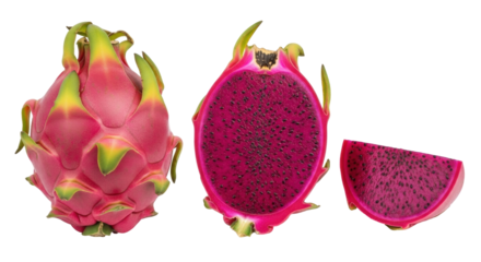 Isolated Dragon fruit still life, whole, cross-section, slice, colorful tropical fruit