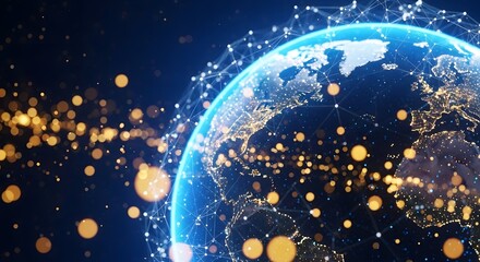 Abstract digital network connections illuminate the glowing earth at night with bright lights and bokeh effects