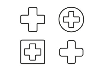 Obraz premium Medical cross thin line icon set. First aid and healthcare plus signs. Emergency hospital and pharmacy symbols. Simple vector graphic element collection for web, app, logo.