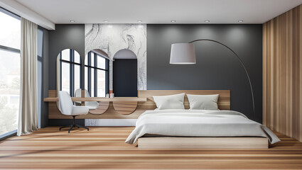 Modern bedroom interior with wooden flooring, elegant built-in desk, arched mirrors, large windows, and soft lighting. 3D Rendering of interior design