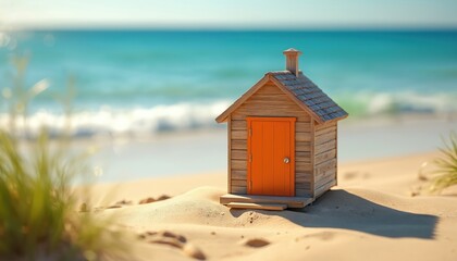 Small wooden beach hut with bright orange door sits on sandy shore. Gentle waves lap at blue ocean water under clear sky. Serene seaside scene invites calm relaxation and simple getaways.