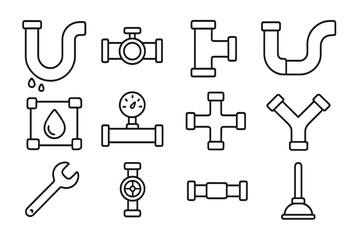 Plumbing service line icon set. Pipe and pipeline construction elements. Water supply, repair symbols. Vector outline icons of pipes, valve, wrench, gauge, plunger, fittings.