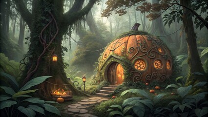 a Halloween pumpkin hut in the midst of jungle