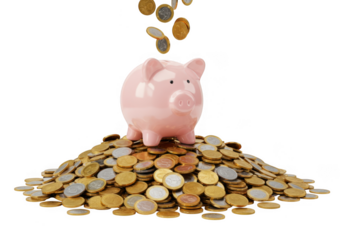 Pink piggy bank overflowing with coins symbolizing wealth and financial success transparent background