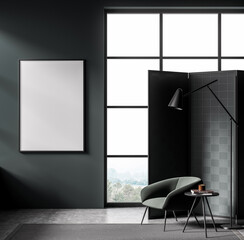 Empty poster template in modern interior with armchair, floor lamp, and window, 3D Rendering, dark themed wall, clean layout, concept of display © ImageFlow