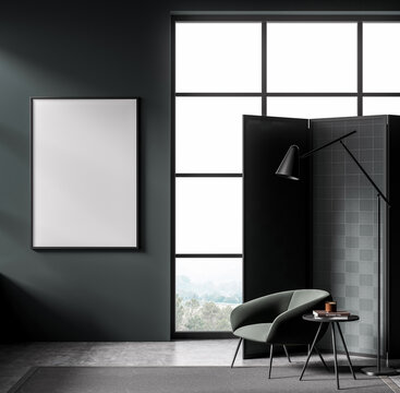 Empty poster template in modern interior with armchair, floor lamp, and window, 3D Rendering, dark themed wall, clean layout, concept of display