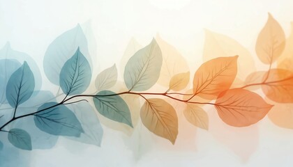 Fototapeta premium Abstract branch with transparent leaves in pastel blue, orange hues. Soft light creates gentle gradient effect. Delicate veins visible on foliage. This design suits backgrounds, decor, nature themes.