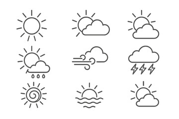 Weather forecast thin line icon set. Sun, cloud, rain, wind, storm and sunrise symbols. Vector outline illustration for web, app, card. Editable stroke pictograms.