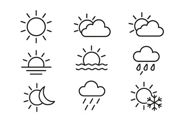 Weather forecast thin line icon set. Sun, cloud, rain, snow, and moon symbols. Sunrise, sunset, day and night. Editable stroke vector illustration for web, app, UI design.
