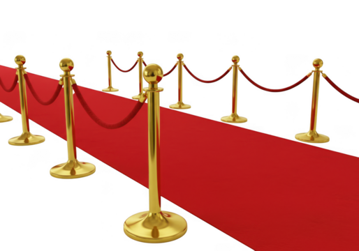 Glamorous red carpet event setup with polished gold stanchions and velvet ropes transparent background - Powered by Adobe