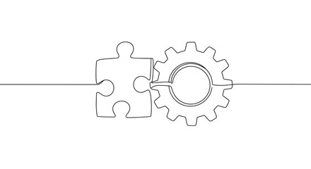 Fototapeta na wymiar Puzzle piece connecting with gear in line art concept 