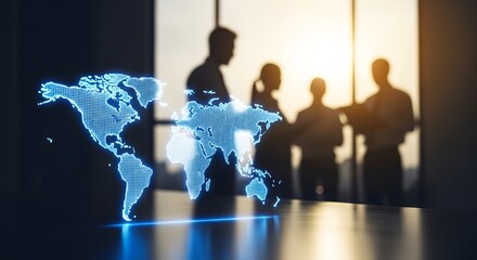 Silhouettes of business professionals in a modern office meeting room with a glowing digital world map overlay