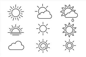 Sun icon set weather line icons. Vector collection of suns, clouds, sunrise, sunset symbols. Outline graphic elements for UI, web design, app. Editable stroke pictogram.