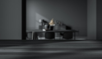 Dark wood countertop surface with blurred contemporary kitchen interior in background, minimalistic design style, perfect for product display presentation. 3D Rendering