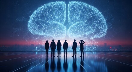 Diverse group of people silhouetted against a glowing futuristic digital brain representing artificial intelligence and innovation