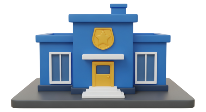 3d rendering of a blue police station with a gold badge and door on a gray platform against a perfect for law enforcement visuals on transparent background