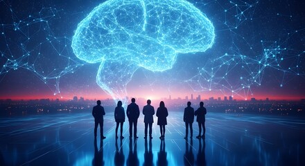 Diverse group of people standing in awe before a glowing futuristic digital brain hologram