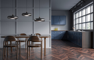 Contemporary kitchen and dining room with blue cabinetry, wooden chairs, pendant lamps and chevron wood flooring in stylish interior design. 3D Rendering