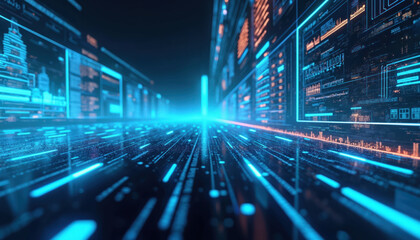 Glowing blue data streams in abstract virtual tech space. Digital landscape information graphic elements. Futuristic data transfer with automation, algorithm, computer engineering. Cyber structure