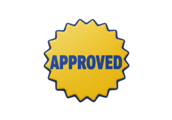 Isolated shiny yellow burst shape with blue text saying "Approved" sign or sticker label