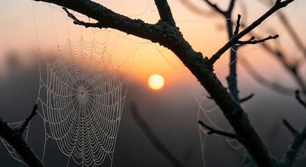 Spiderweb on a tree branch with dew drops at sunrise creating a beautiful and ethereal atmosphere