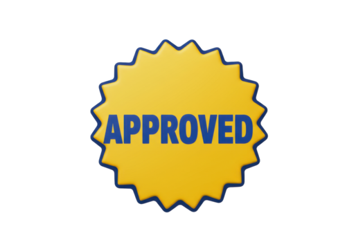 Isolated shiny yellow burst shape with blue text saying "Approved" sign or sticker label