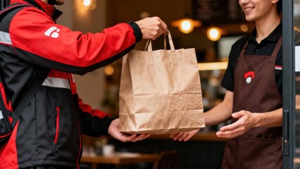 Seamless Exchange Food Delivery Courier Handing Order Cafe Worker Expressing Satisfaction