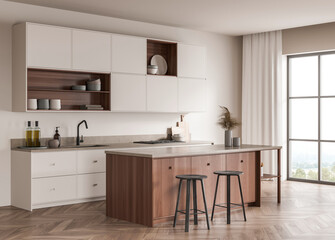 Sleek modern kitchen with wood and white cabinetry, minimal decor, and large window, showcasing stylish interior design. 3D Rendering