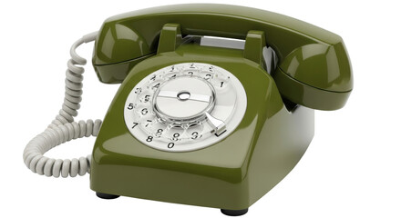 Isolated old-fashioned rotary dial telephone in olive green, an antique device for landline calls