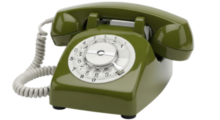 Isolated old-fashioned rotary dial telephone in olive green, an antique device for landline calls