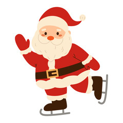Cute flat style illustration of Santa Claus ice skating, perfect for Christmas, New Year, winter sports, holiday activity, and children's designs.
